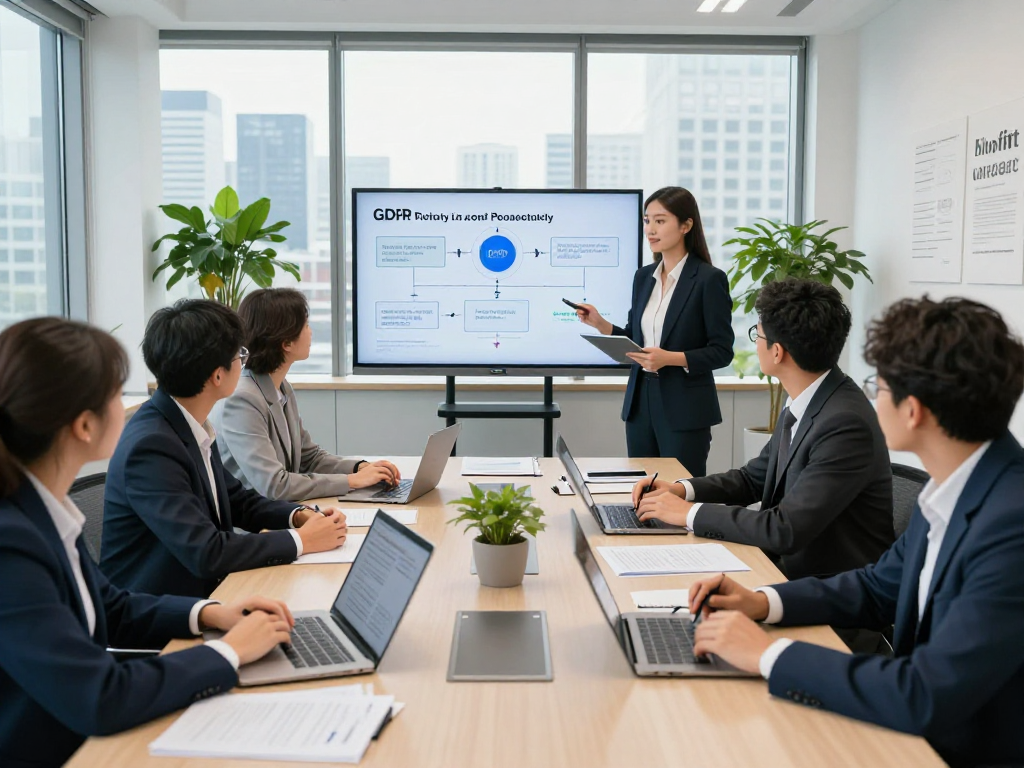 Startseite showcasing a professional team collaborating on data privacy solutions in a modern office environment