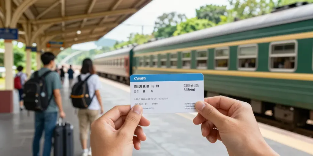 Zugticket in der Hand eines Reisenden vor einem malerischen Bahnhof mit einem historischen Zug im Hintergrund.