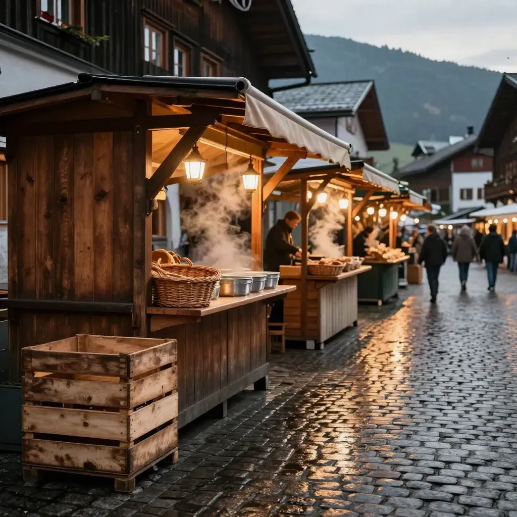 Abendlicher Marktplatz mit Holzständen, Kisten, warmem Licht und Dampf auf Kopfsteinpflaster.