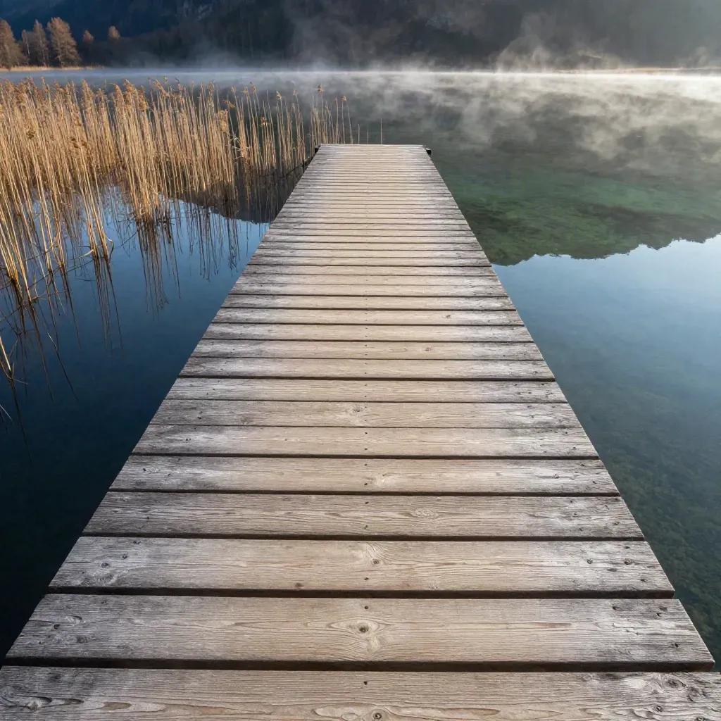 Holzsteg am stillen Bergsee, Schilf am Ufer und glatte Wasserfläche im Abendlicht