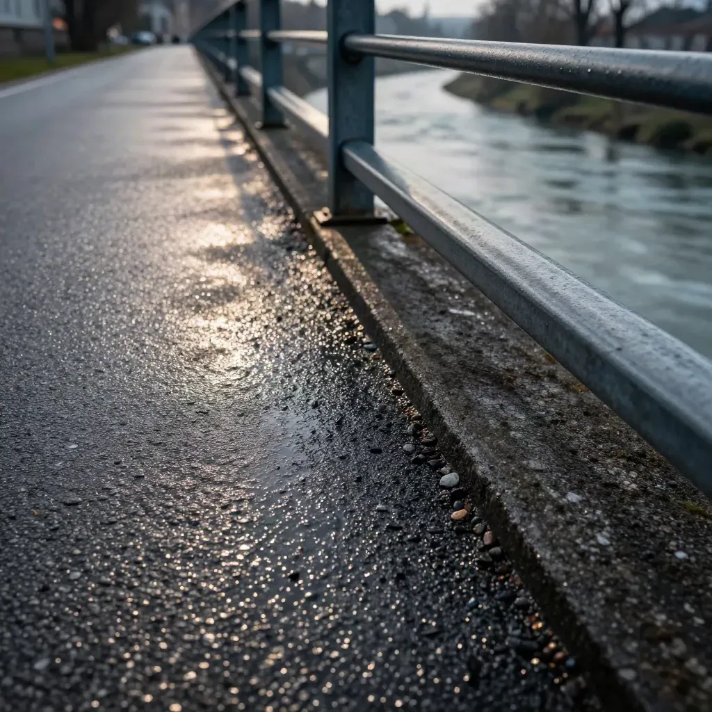 Nasser Radweg bei Kempten mit Brückengeländer und Flussbogen nach einem Regenschauer