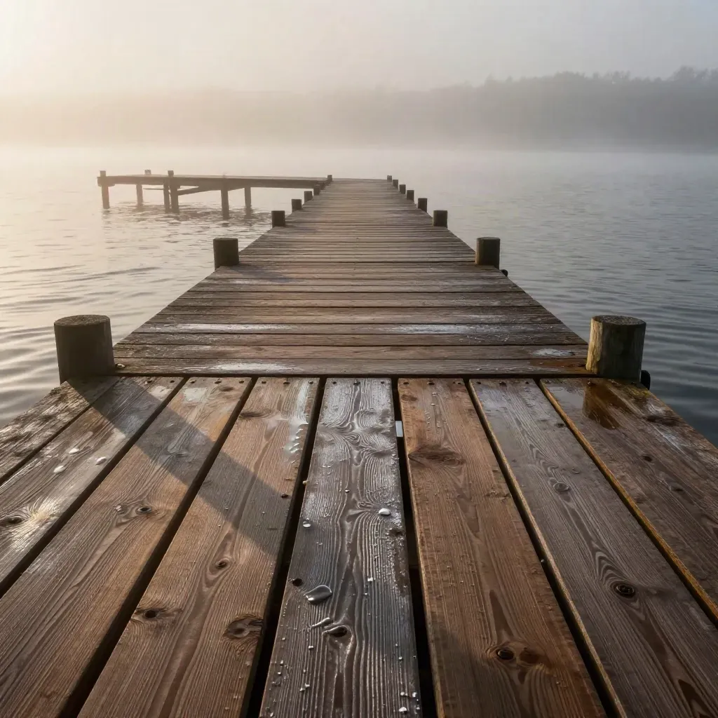 Holzsteg am See im Morgennebel, glattes Wasser und sanfte Wellen an den Pfosten