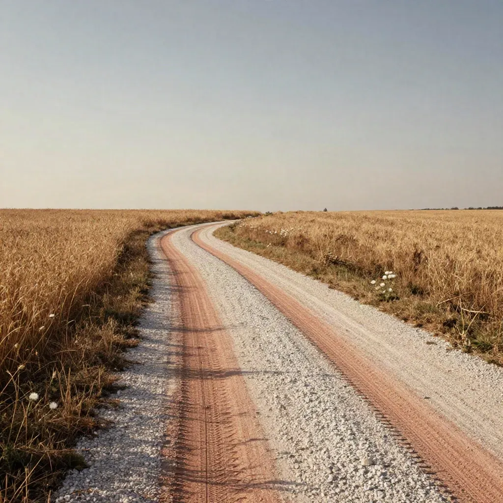 Kiesweg am Ortsrand von Leutkirch biegt ins Land ab, mit Staub, Gras und weitem Himmel.