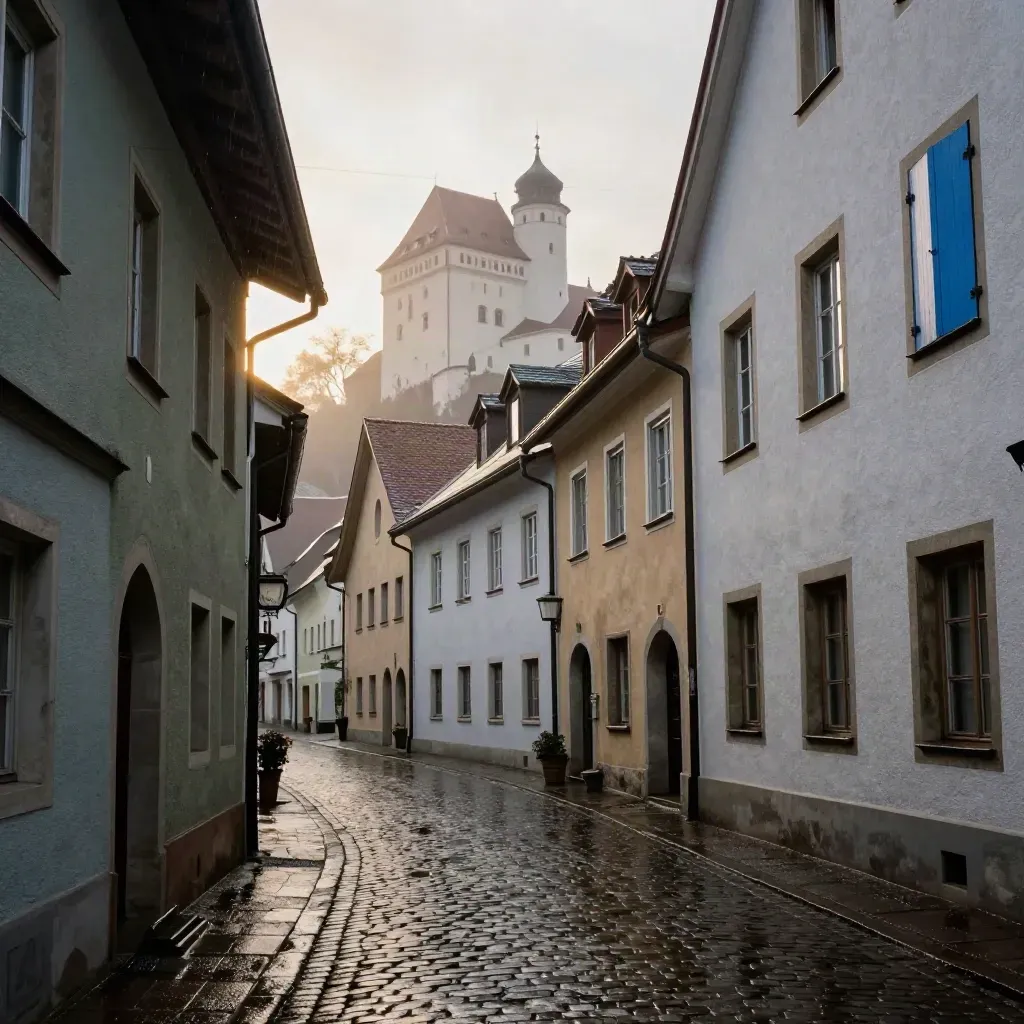 Niedrige Ansicht einer nassen Altstadtgasse in Füssen mit Blick zum Hohen Schloss im Morgenlicht.