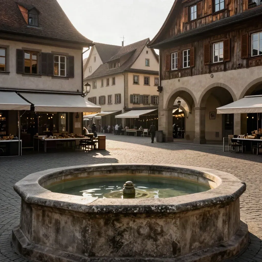 Kemptener Marktplatz mit Brunnenrand, Arkaden und schrägem Sonnenlicht
