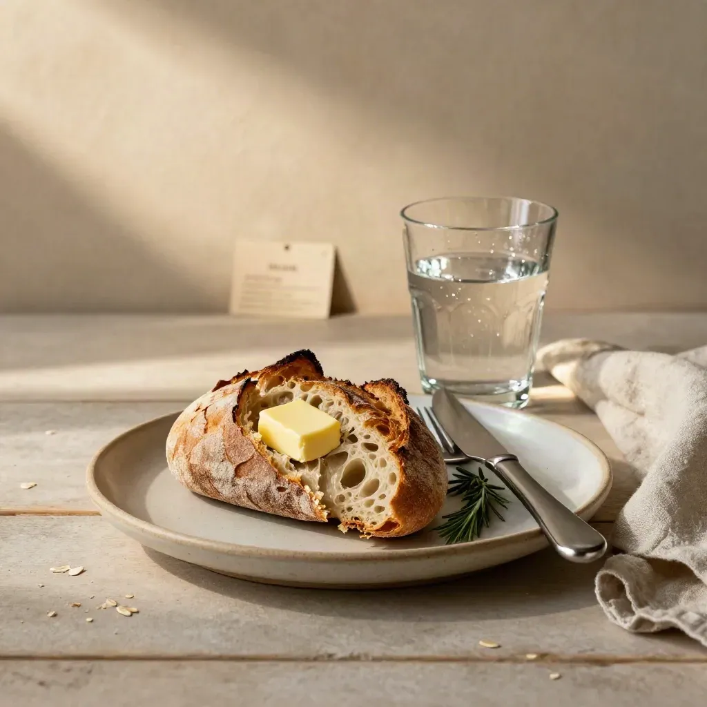 Rustikaler Keramikteller mit Brot, Besteck, Glas und Kräuterzweig auf hellem Holz.