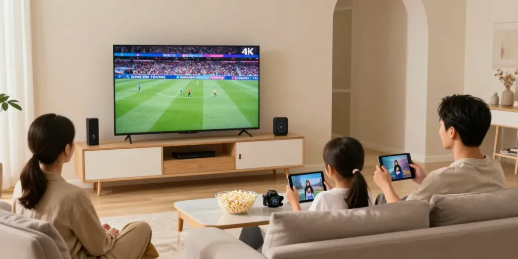 Family enjoying IPTV kaufen on a 4K TV in a cozy living room.